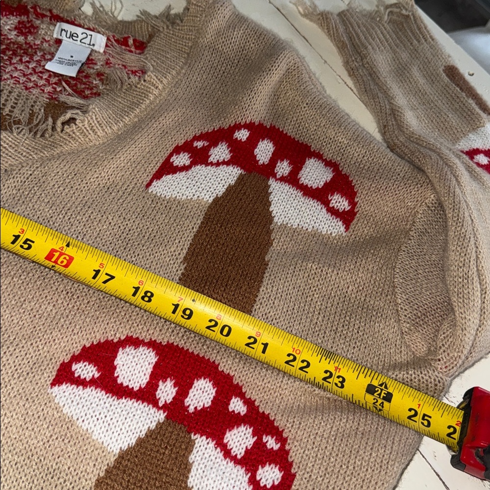 Rue 21 Frayed Mushroom Pattern V Neck knit Sweater - Tan Red white - Picture 8 of 9